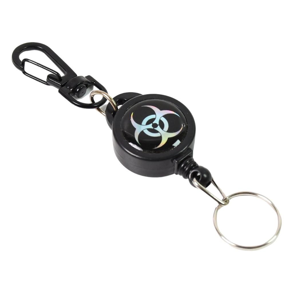 A black retractable keychain with a biohazard symbol on a white background.