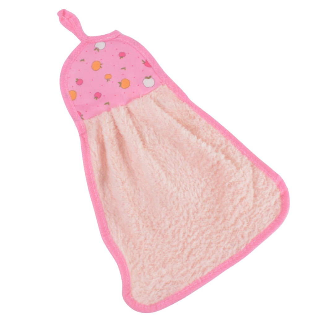 A pink microfiber hand towel with a fruit print top and hanging loop is displayed flat on a plain white background.