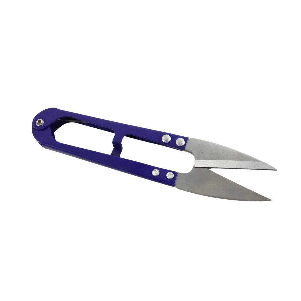 A pair of blue-handled thread snips with silver blades is shown on a plain white background.
