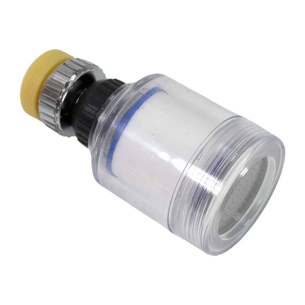 A clear plastic swivel faucet aerator with a yellow base, shown at an angle against a plain white background.