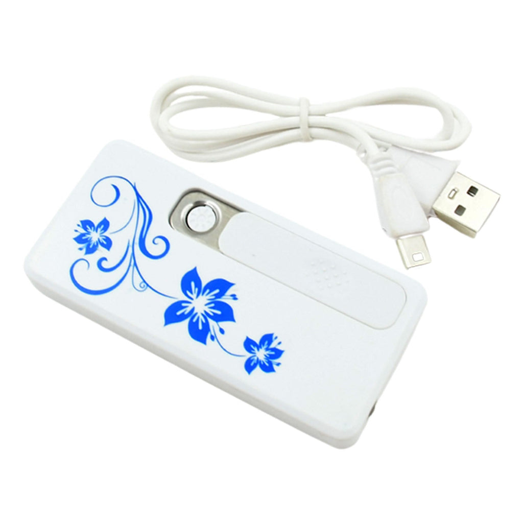 White USB lighter with blue floral pattern and a coiled white USB charging cable on a white background.