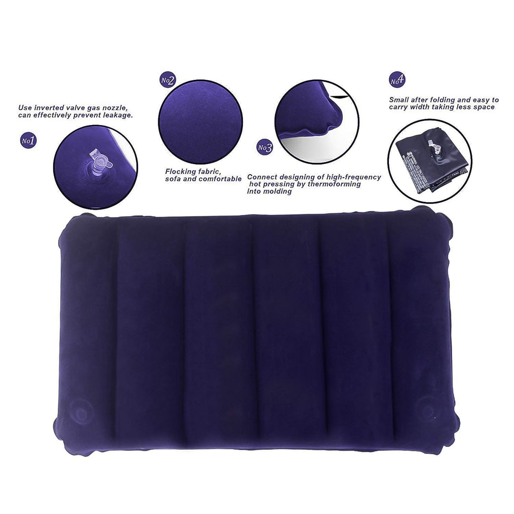 A blue inflatable pillow is shown with four numbered callouts detailing its features like the valve and fabric.