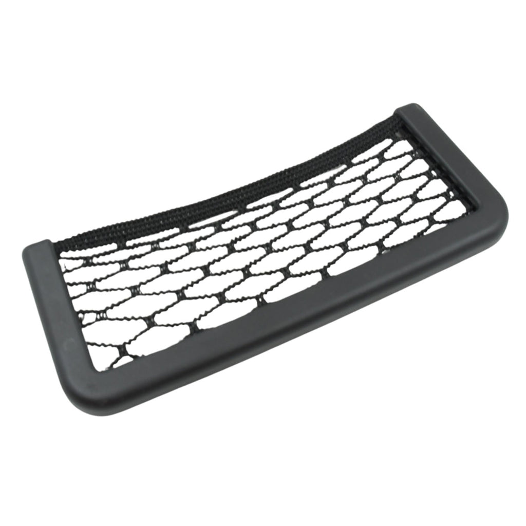A black mesh car organizer with a hexagonal net pattern on a white background.