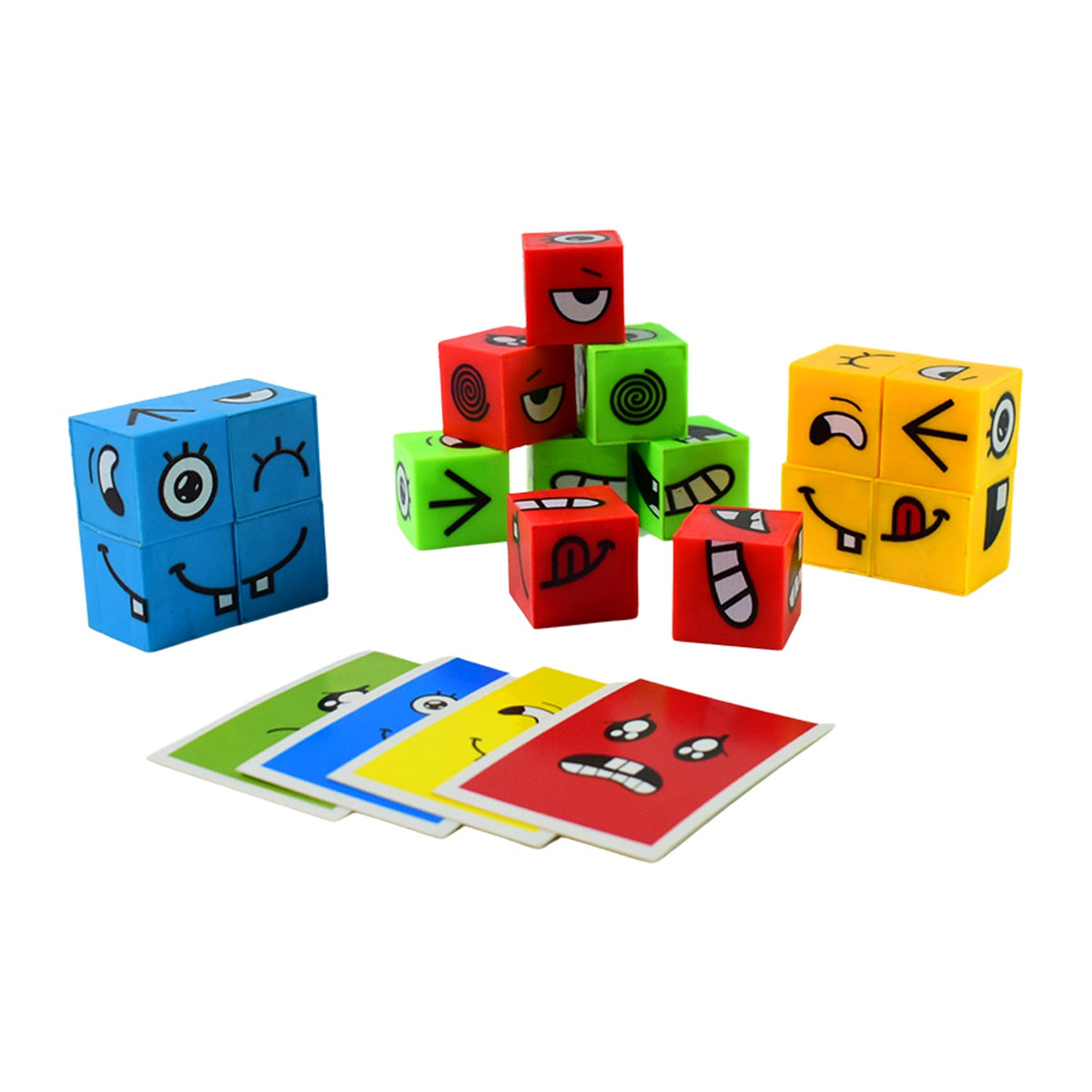 A blue, red, and yellow set of emotion cubes are arranged with matching cards on a plain white background.