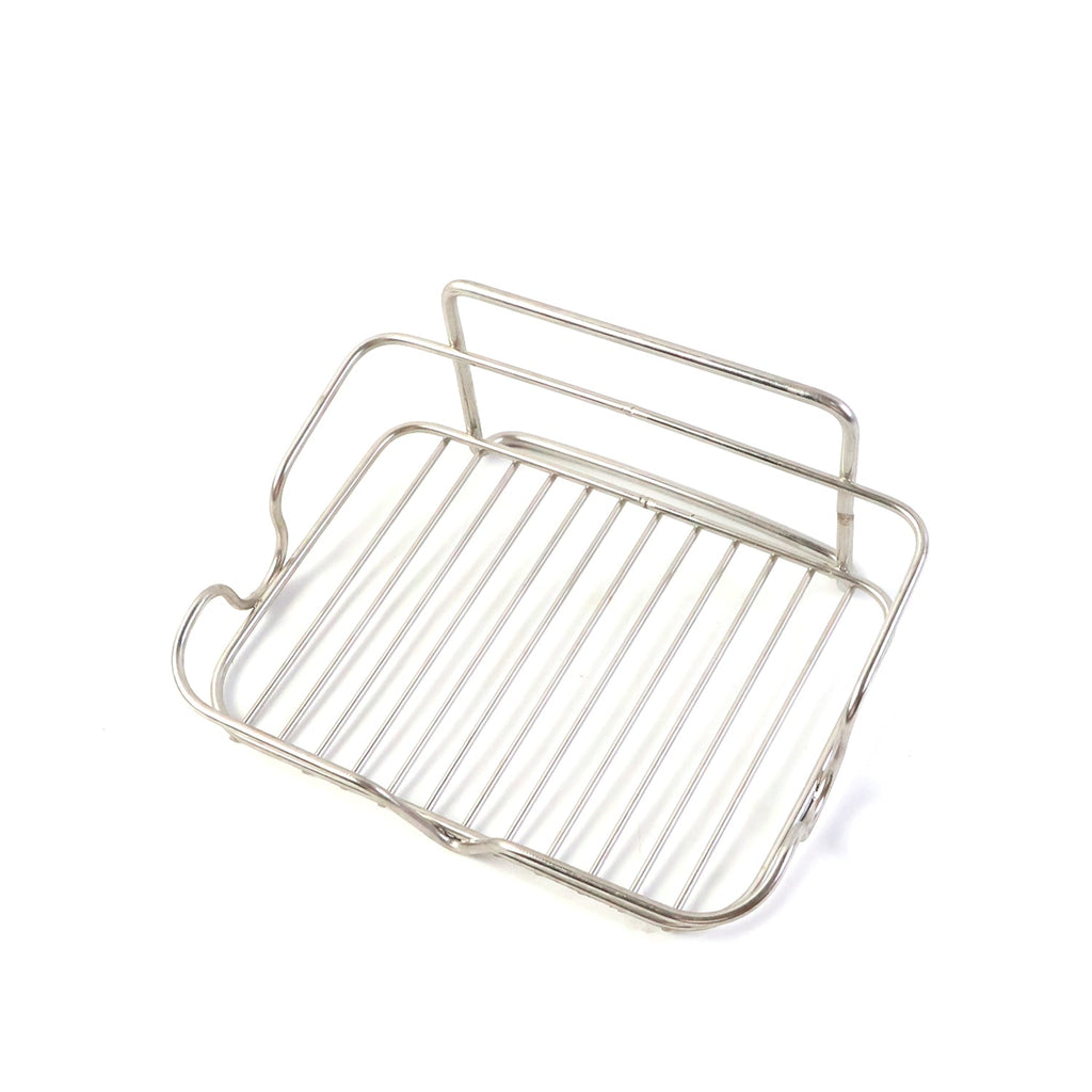 A stainless steel wire soap dish is shown from an elevated angle on a plain white background.