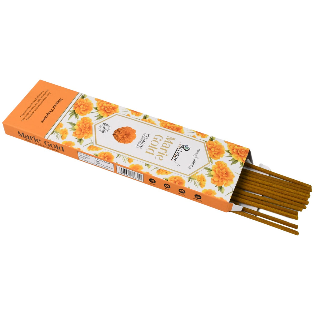 An open orange box of Marie Gold incense sticks with many brown sticks inside on a white background.