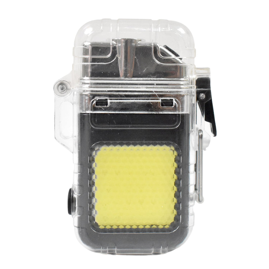 A clear waterproof electric lighter and flashlight with a yellow COB light, shown against a plain white background.