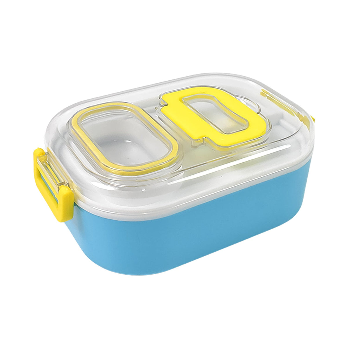 A blue and white lunch box with a clear lid and yellow clasps is shown on a plain white background.
