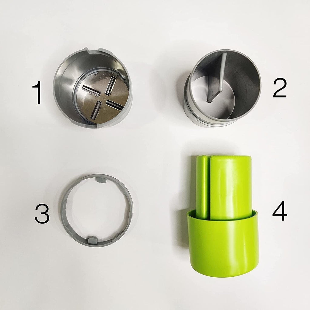 Four disassembled parts of the dry fruit slicer are laid out on a white surface, numbered 1 to 4.