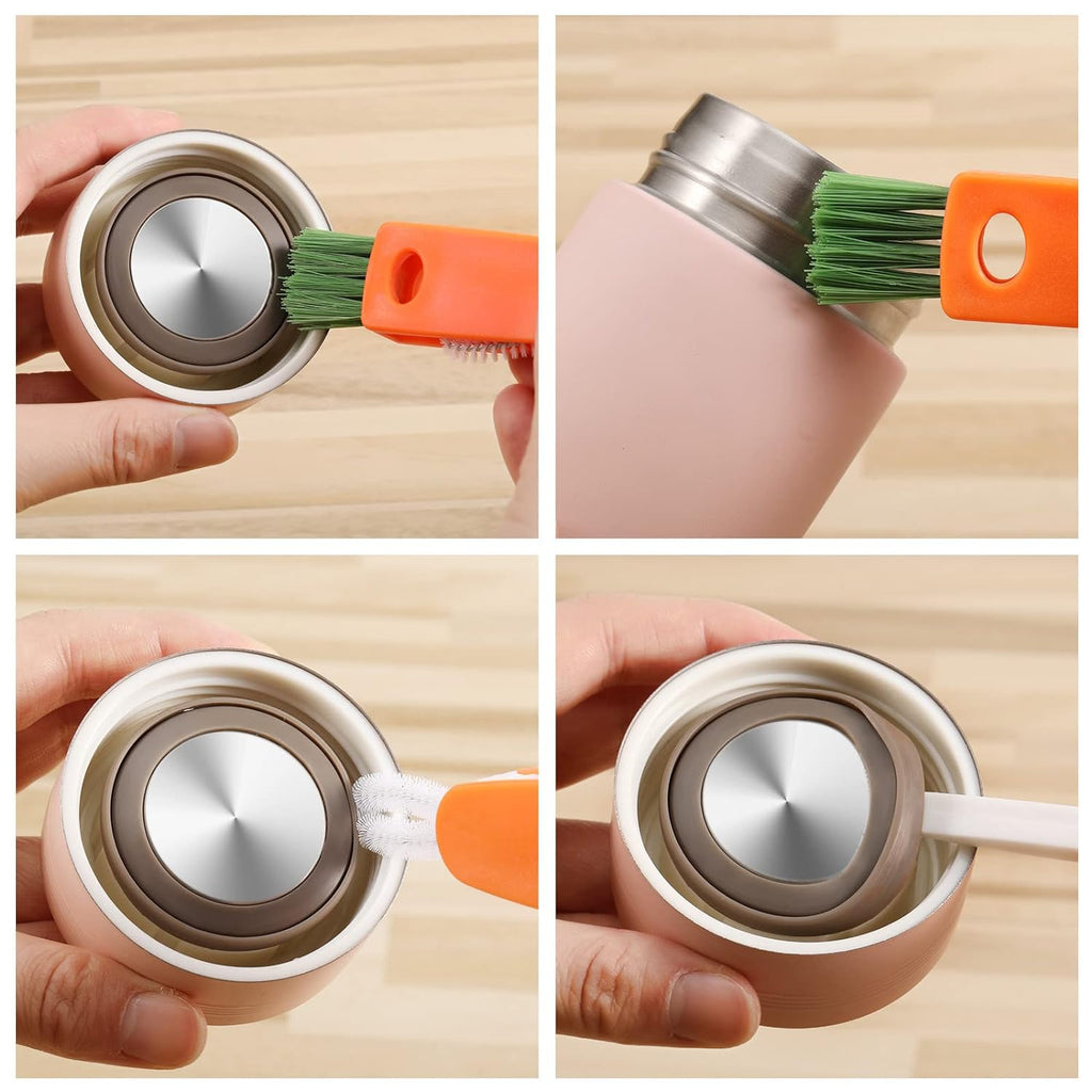 A four-panel image shows the orange 3-in-1 brush cleaning various parts of a pink insulated bottle.