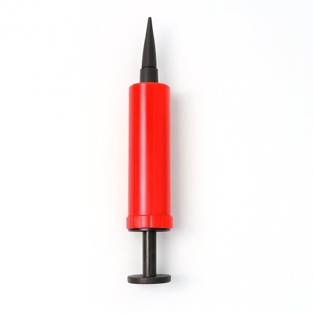 A red and black manual balloon pump stands upright on a plain white background.