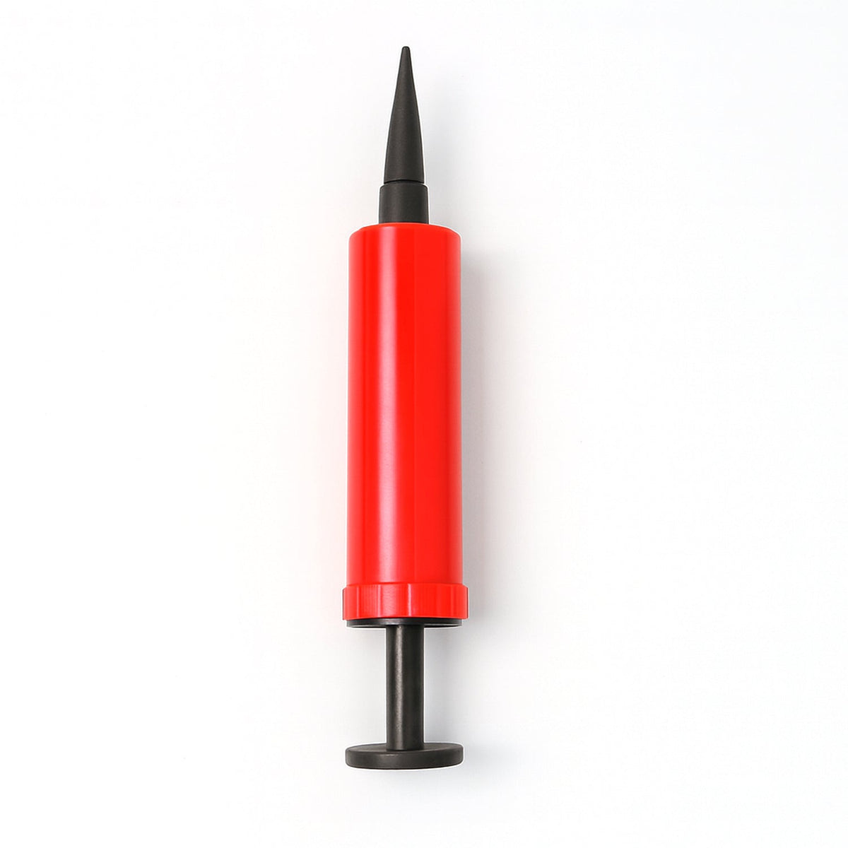 A red and black manual balloon pump stands upright on a plain white background.