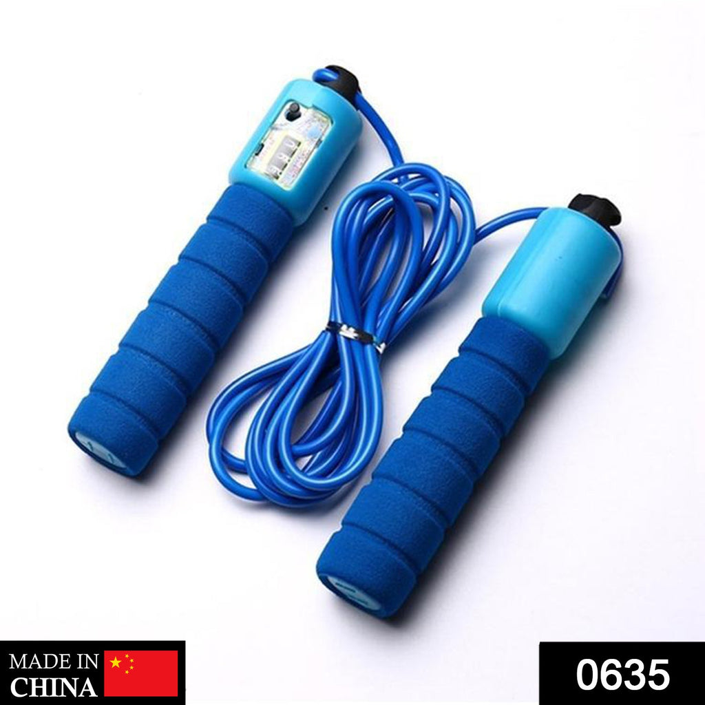 A blue electronic counting skipping rope with foam handles and a digital display is shown against a white background.