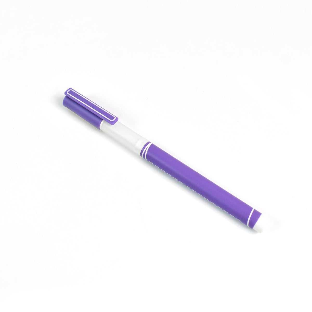 A purple gel pen with a white barrel and cap clip is centered on a plain white background.