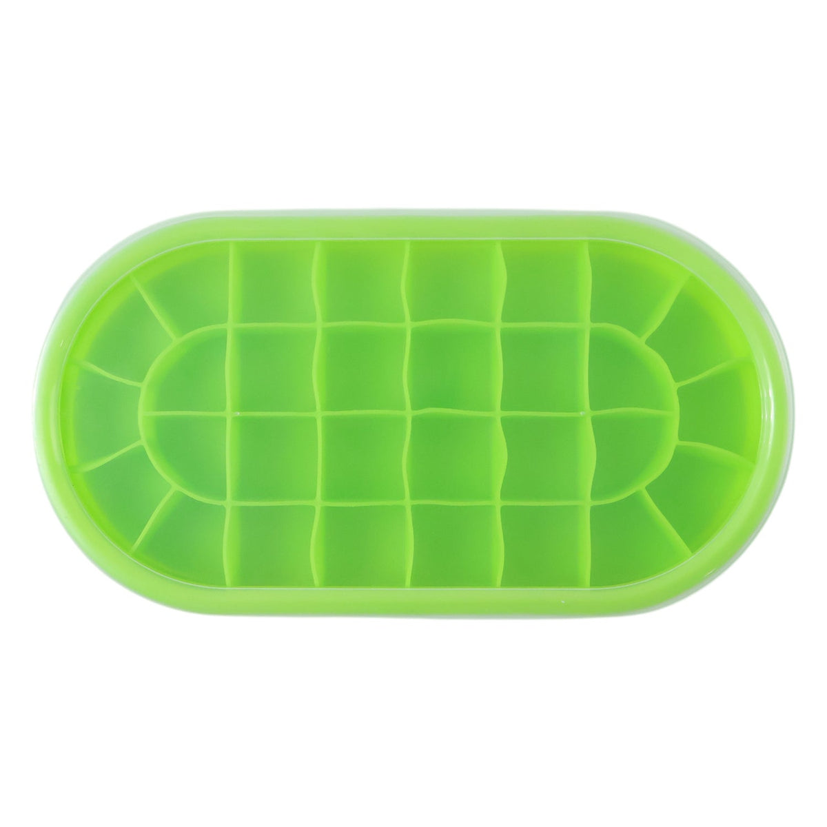 Top-down view of a green oval silicone ice cube tray with a clear lid, on a white background.