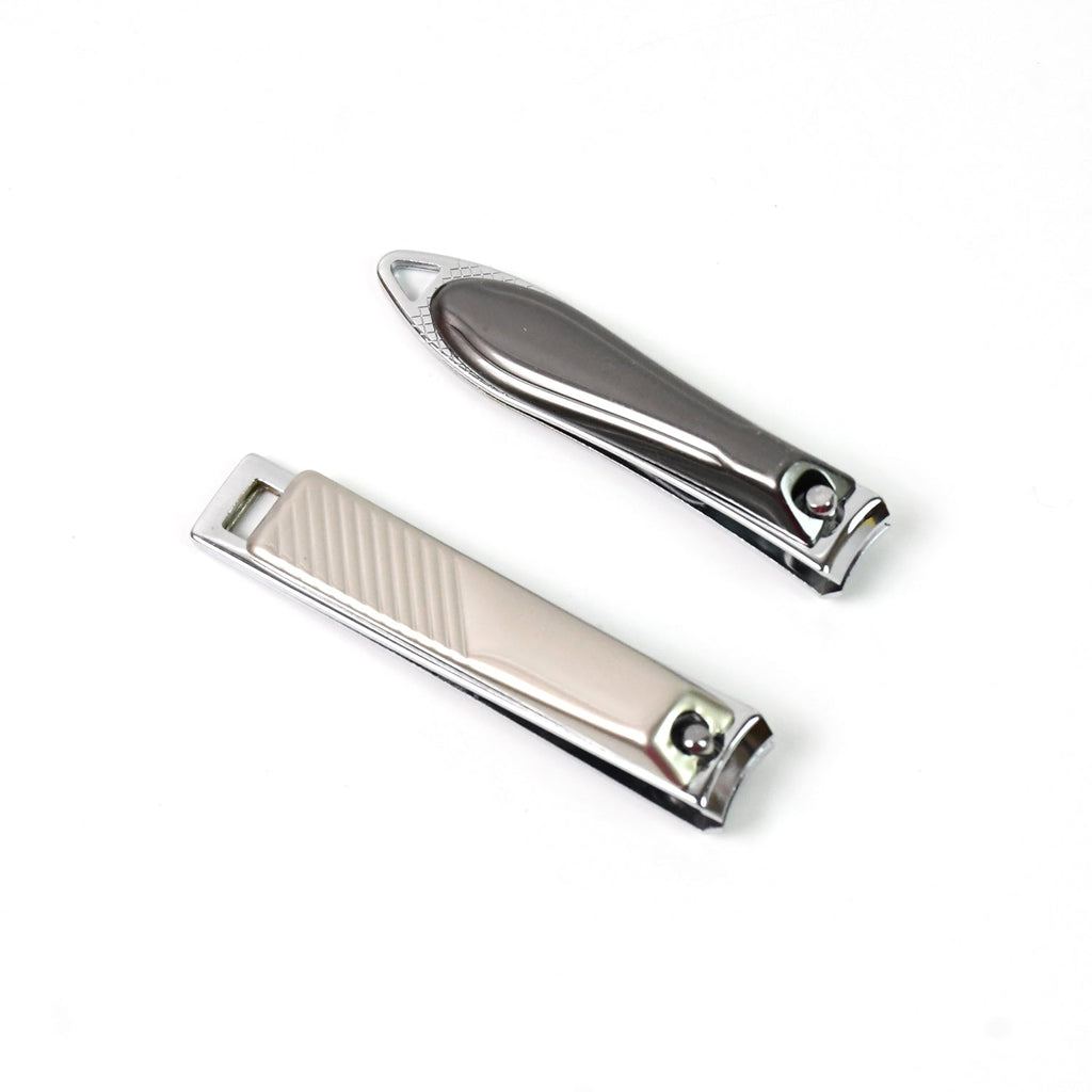 Two stainless steel nail clippers, one dark grey and one silver, on a white background.