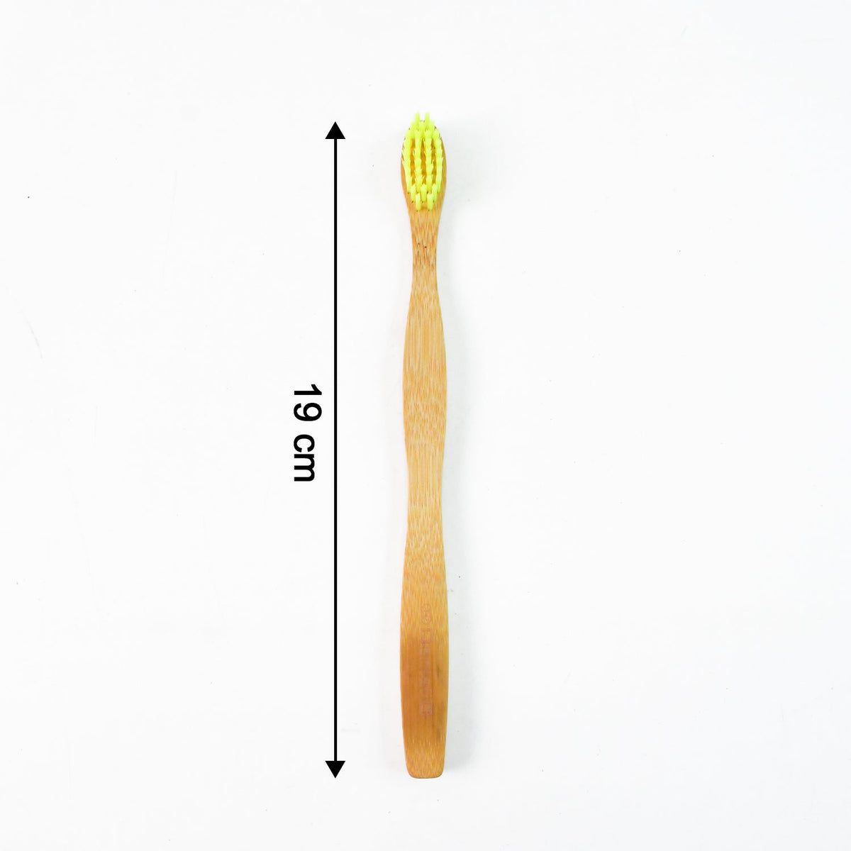 A bamboo toothbrush with yellow bristles is shown with a 19 cm measurement on a white background.