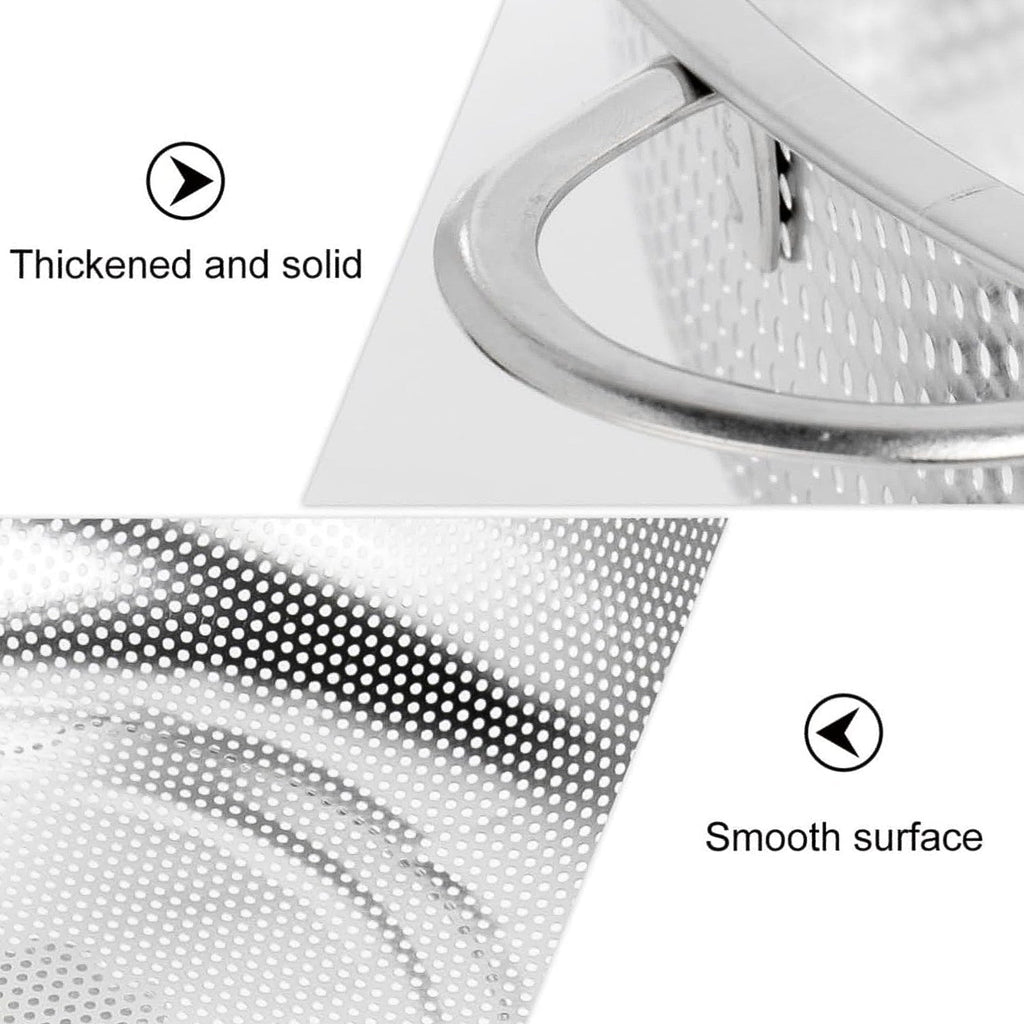 Close-up views of the stainless steel strainer bowl highlighting its thickened handle and smooth, perforated surface.