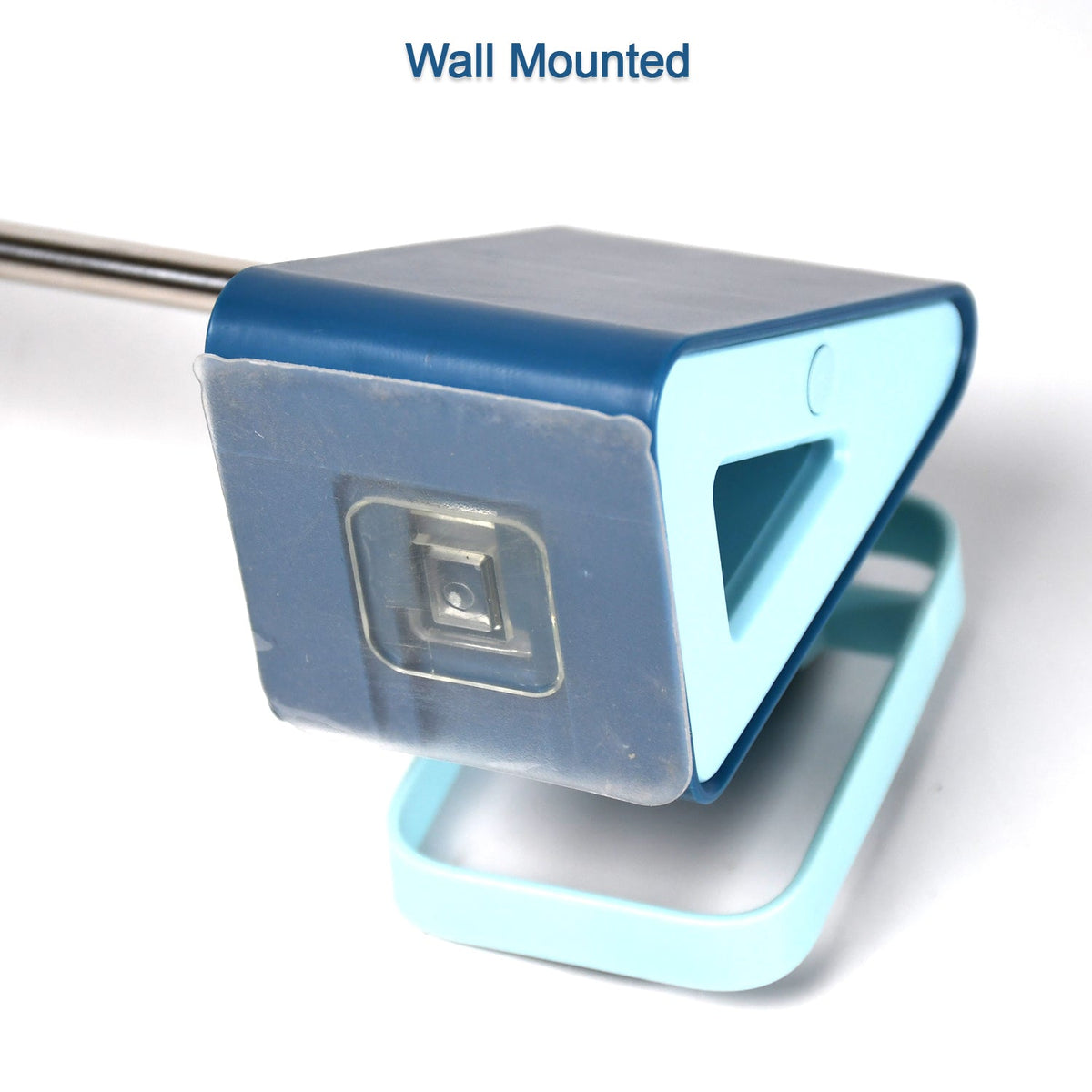 Underside view of the blue and light blue wall-mounted drying rack showing the clear adhesive mounting pad.