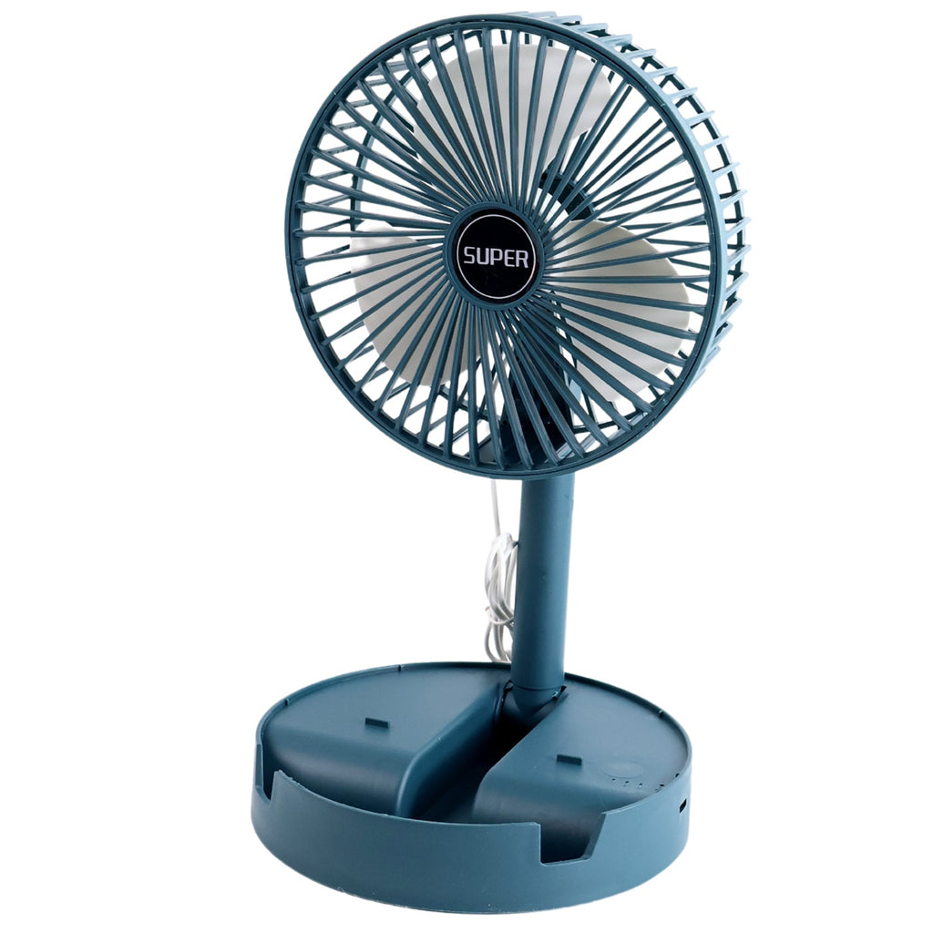 A teal portable fan with an adjustable stand and visible white cord is presented on a white background.
