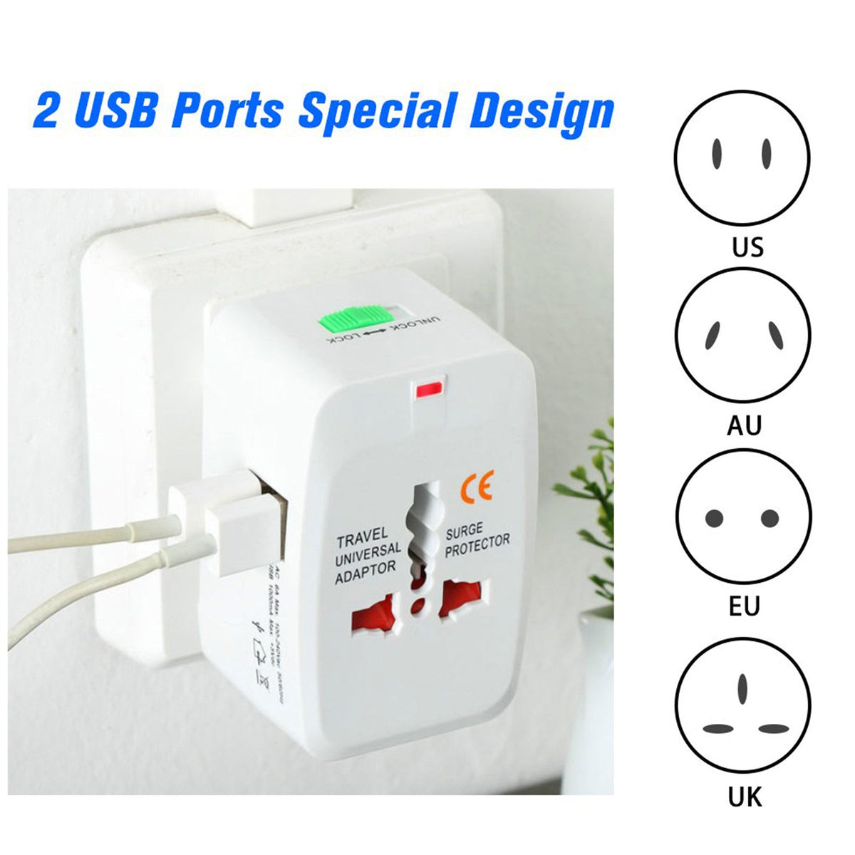 White universal travel adapter plugged into a wall, with diagrams illustrating US, AU, EU, and UK plug types.