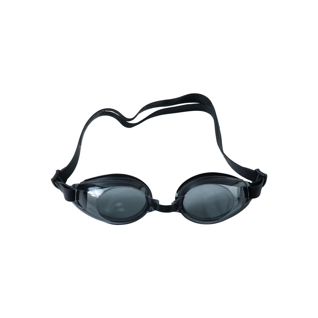 Black swimming goggles with clear lenses and an adjustable strap are displayed on a white background.