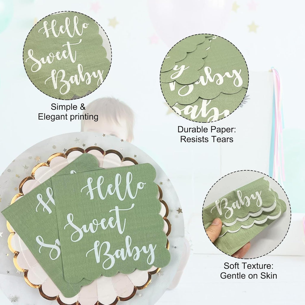 Close-up views of mint green scalloped napkins, highlighting the text, durable paper, and soft texture.