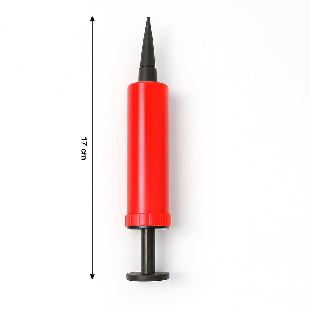 A red and black manual balloon pump with a 17 cm measurement indicator on a white background.