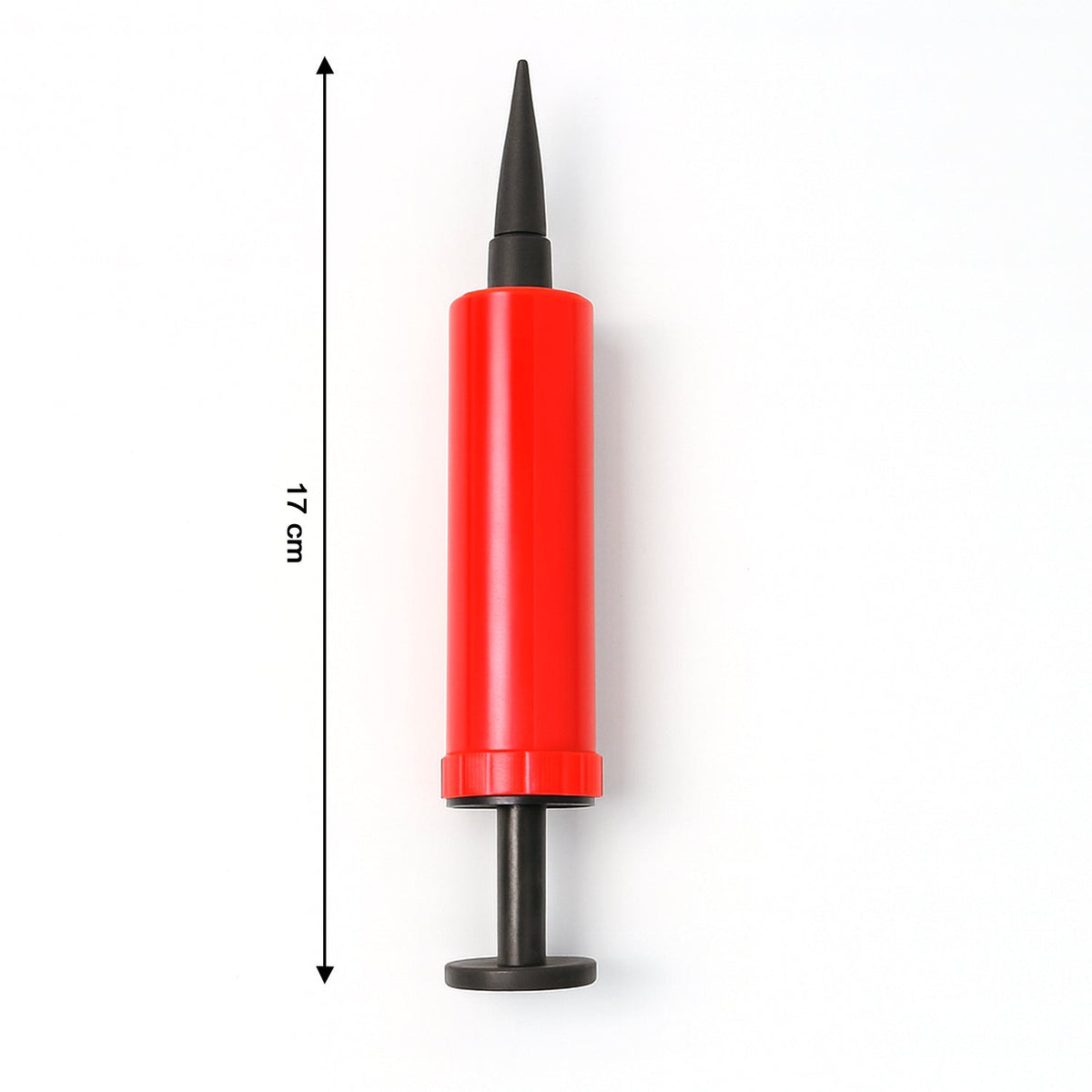 A red and black manual balloon pump with a 17 cm measurement indicator on a white background.