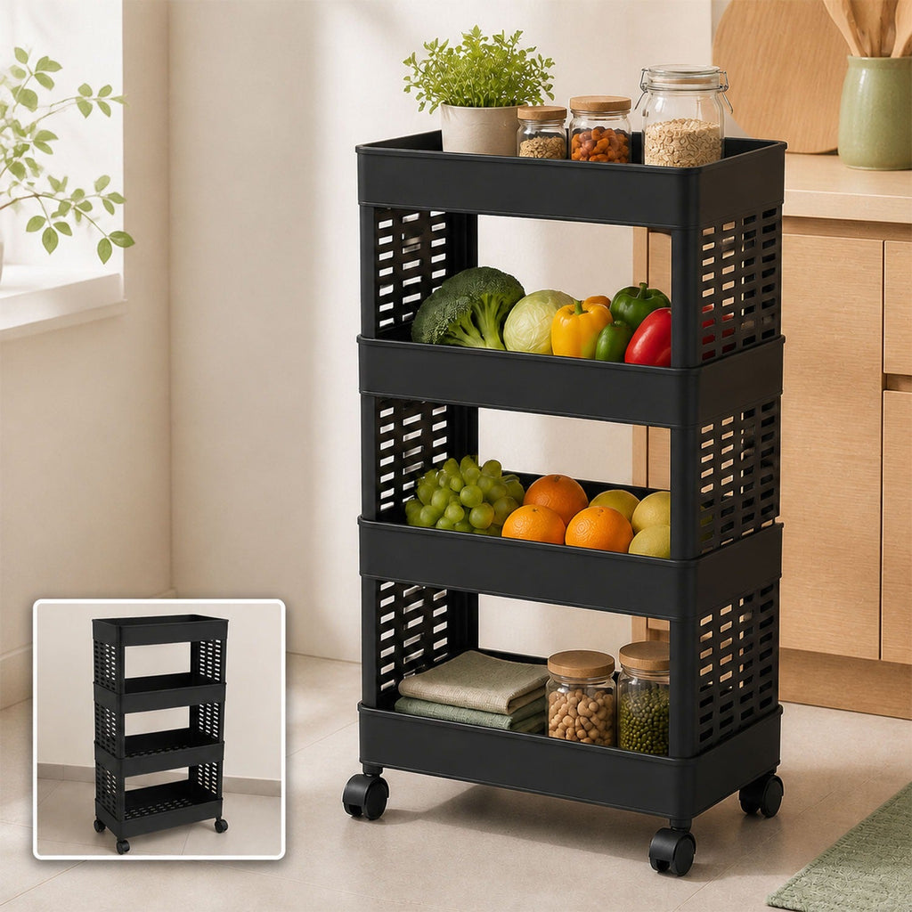 A black four-tier plastic utility trolley on wheels, filled with produce and jars, sits in a kitchen setting with a small