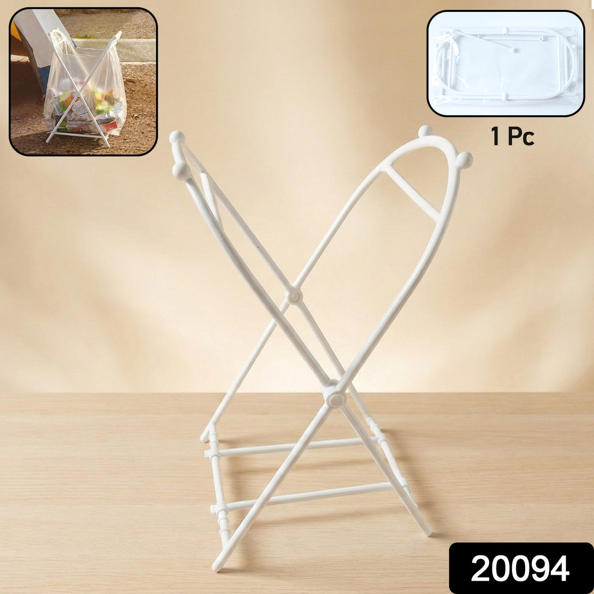 White plastic garbage bag holder on a wooden surface, with an inset showing it folded flat.