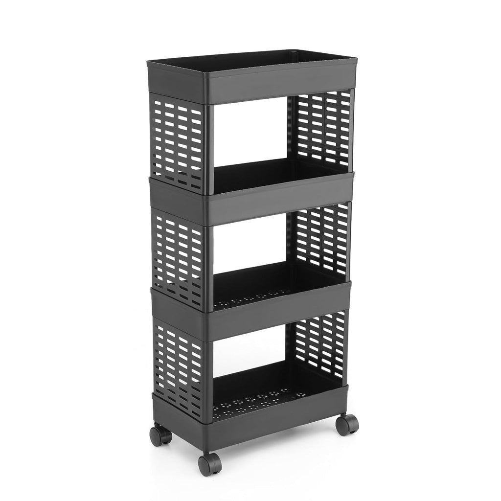 A black four-tier plastic utility trolley on wheels, empty, shown from a slightly elevated angle against a white background.