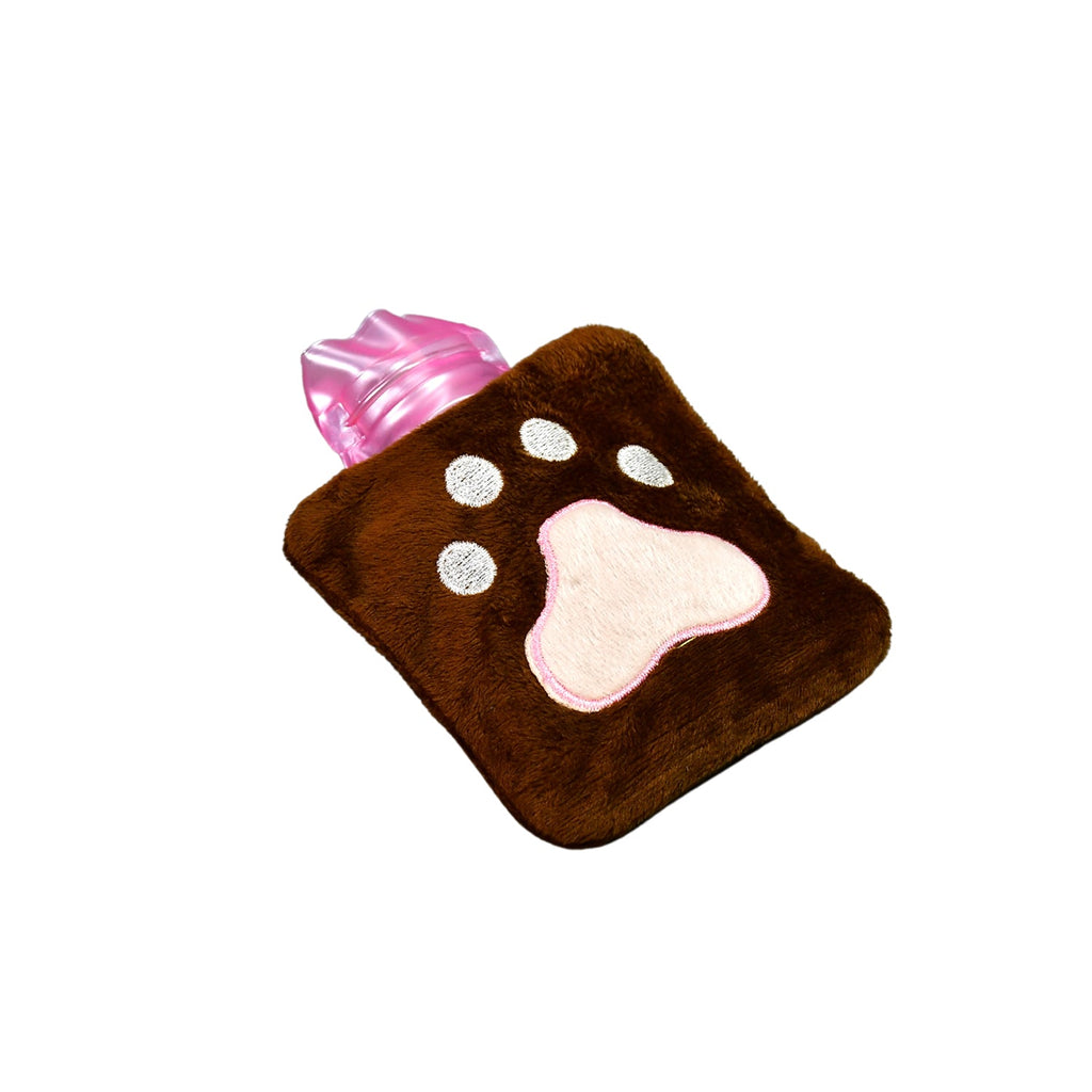 The brown paw print hot water bag with a pink bottle top is shown at an angle on a white background.