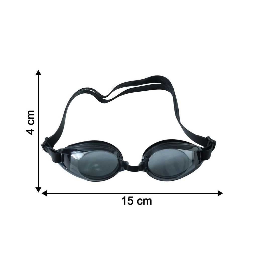 Black swimming goggles with clear lenses and an adjustable strap are shown with dimensions on a white background.