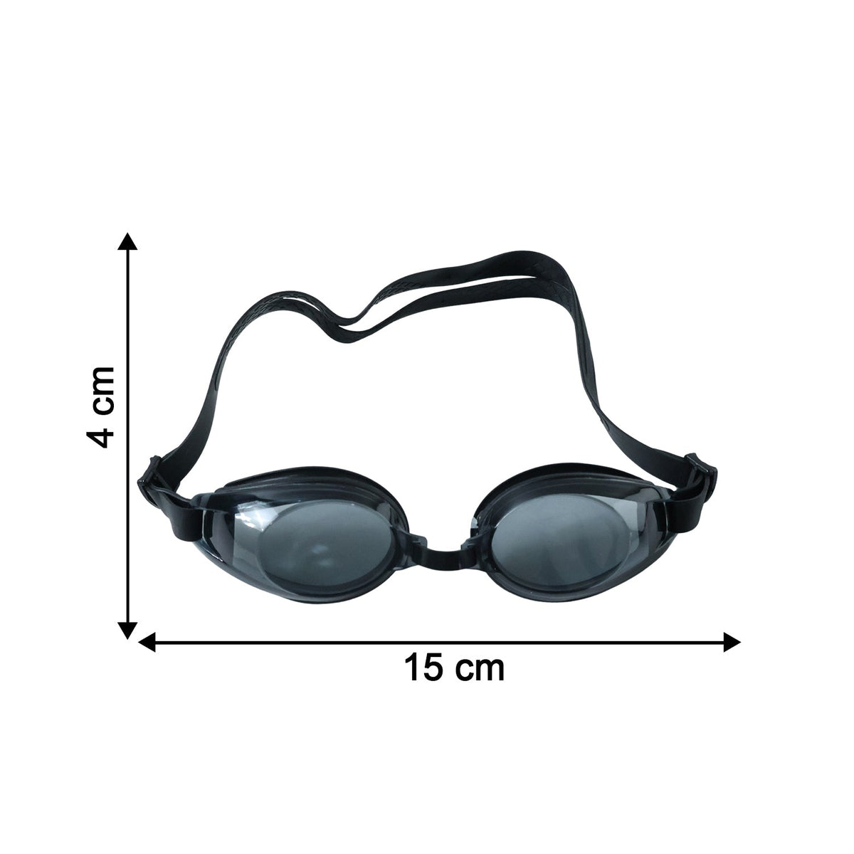 Black swimming goggles with clear lenses and an adjustable strap are shown with dimensions on a white background.