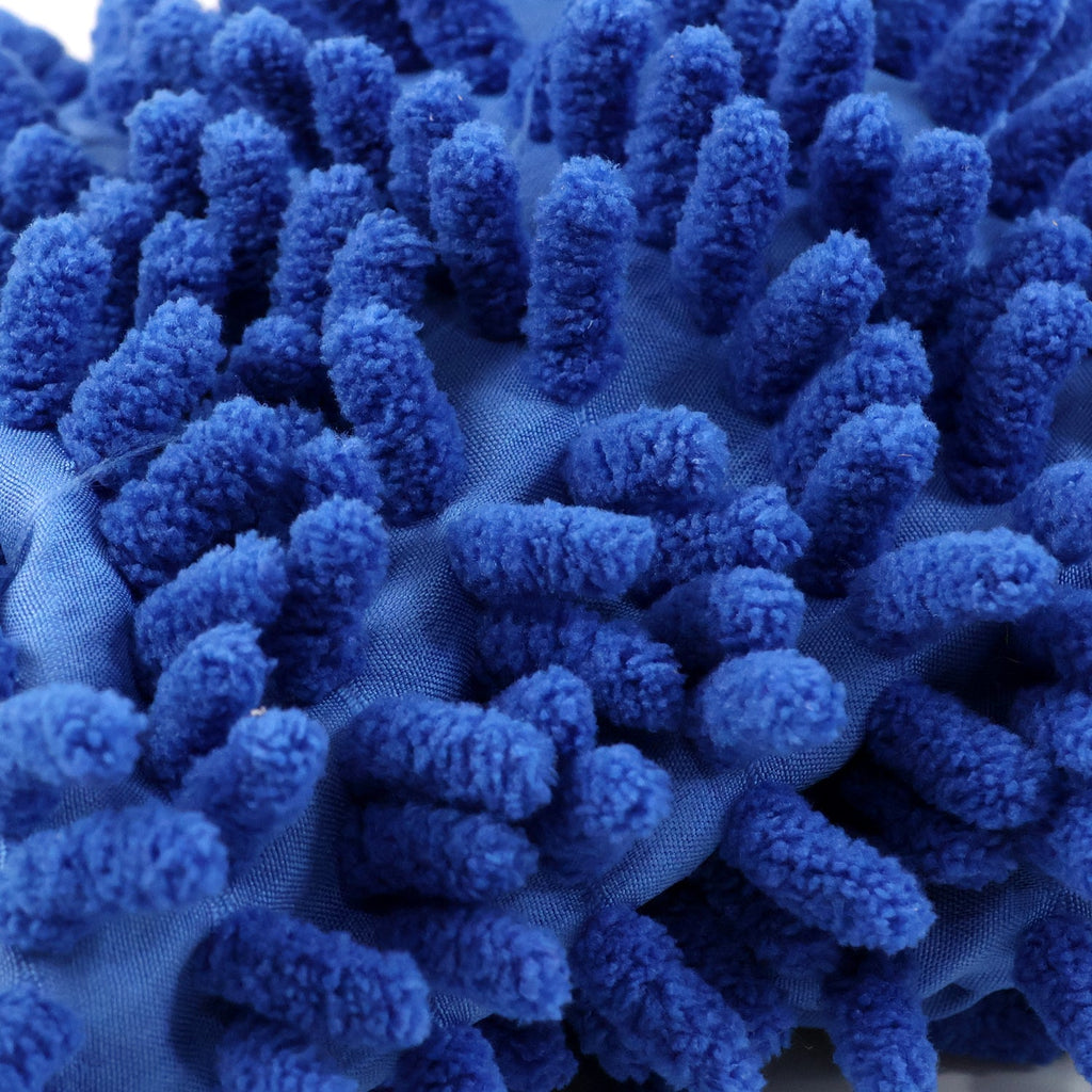 A close-up view of the blue, shaggy microfiber material of the wash mitt.