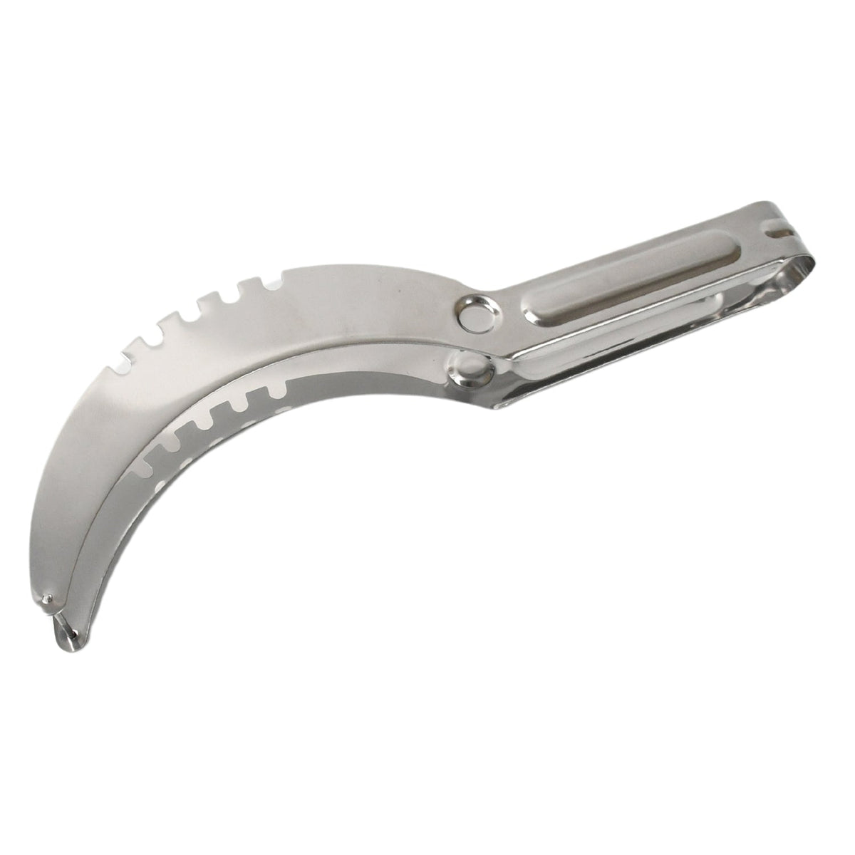 A shiny, curved stainless steel watermelon slicer with a handle is isolated on a white background.