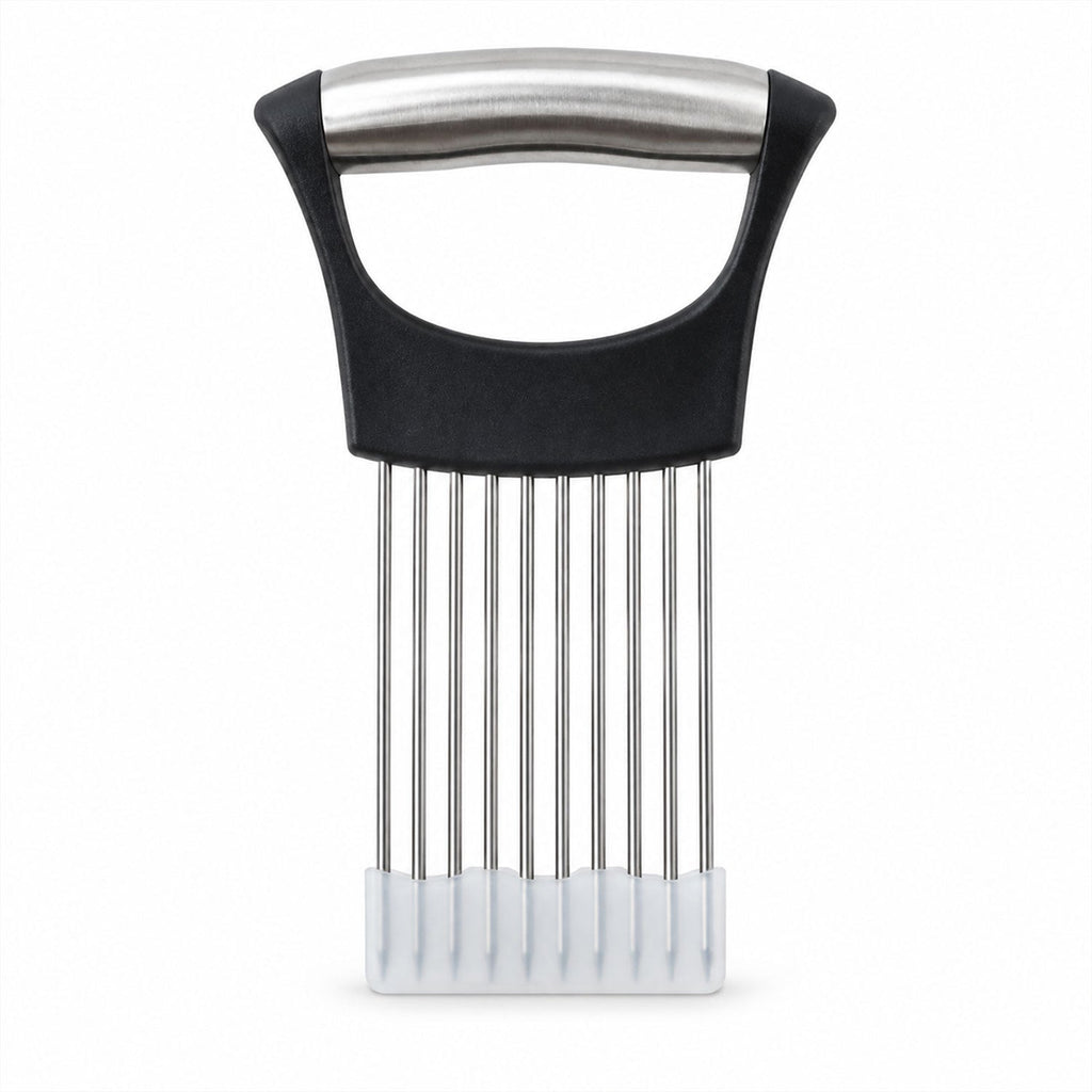 A black and silver onion holder with a white protective guard covering the prongs, centered on a white background.