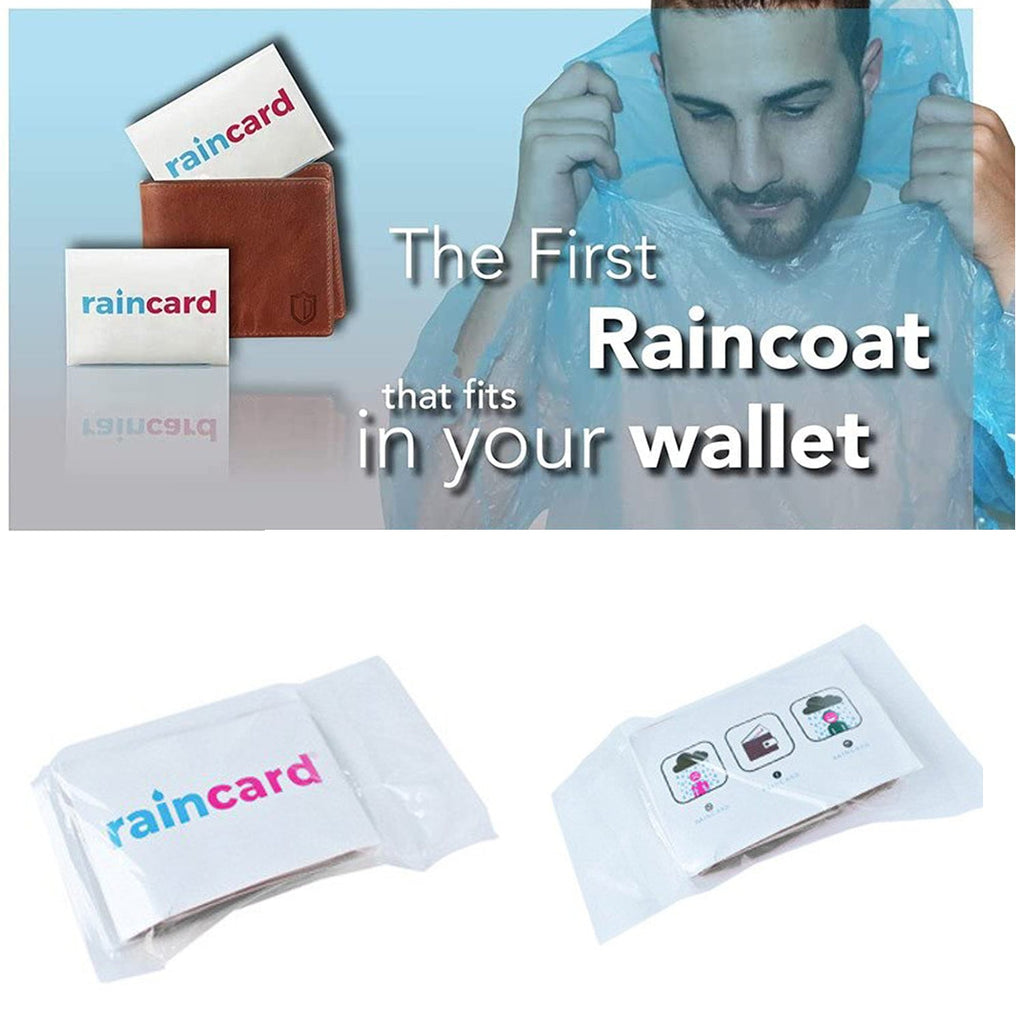 Promotional image showing a 'raincard' in a wallet and a man putting on a blue poncho, with text 'The First Raincoat that