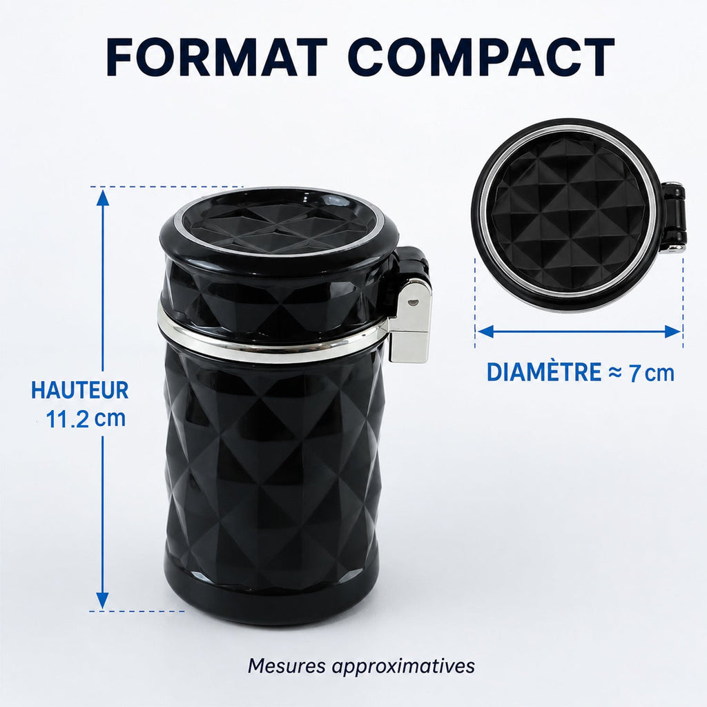 A black car cup holder ashtray with dimensions indicating a height of 11.2 cm and a diameter of approximately 7 cm.