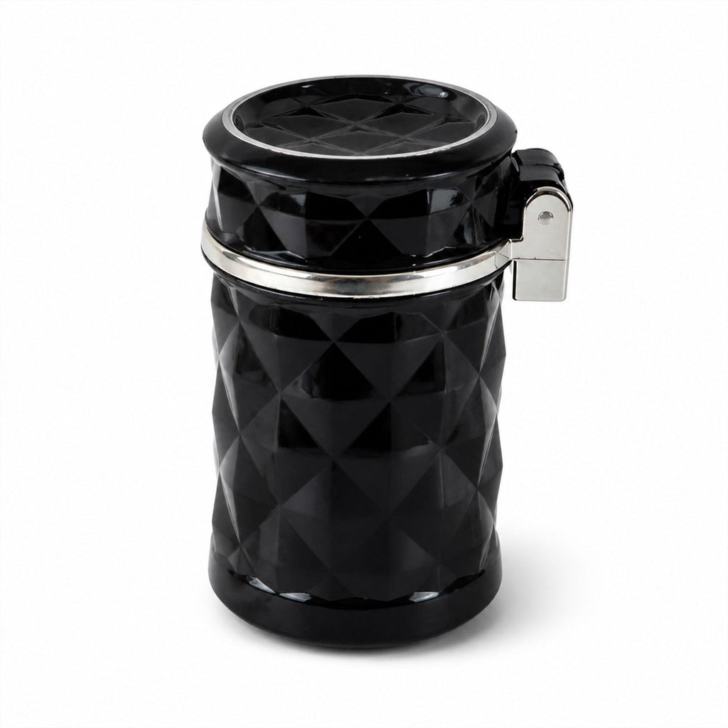 A black car cup holder ashtray with a diamond texture and silver-tone accents on a white background.