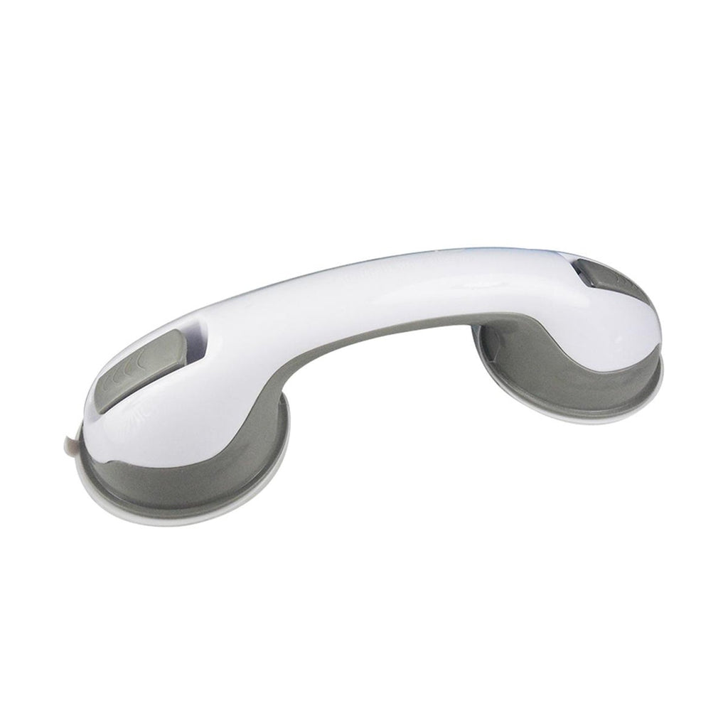 A white and gray suction grip handle is shown from a slight angle on a white background.