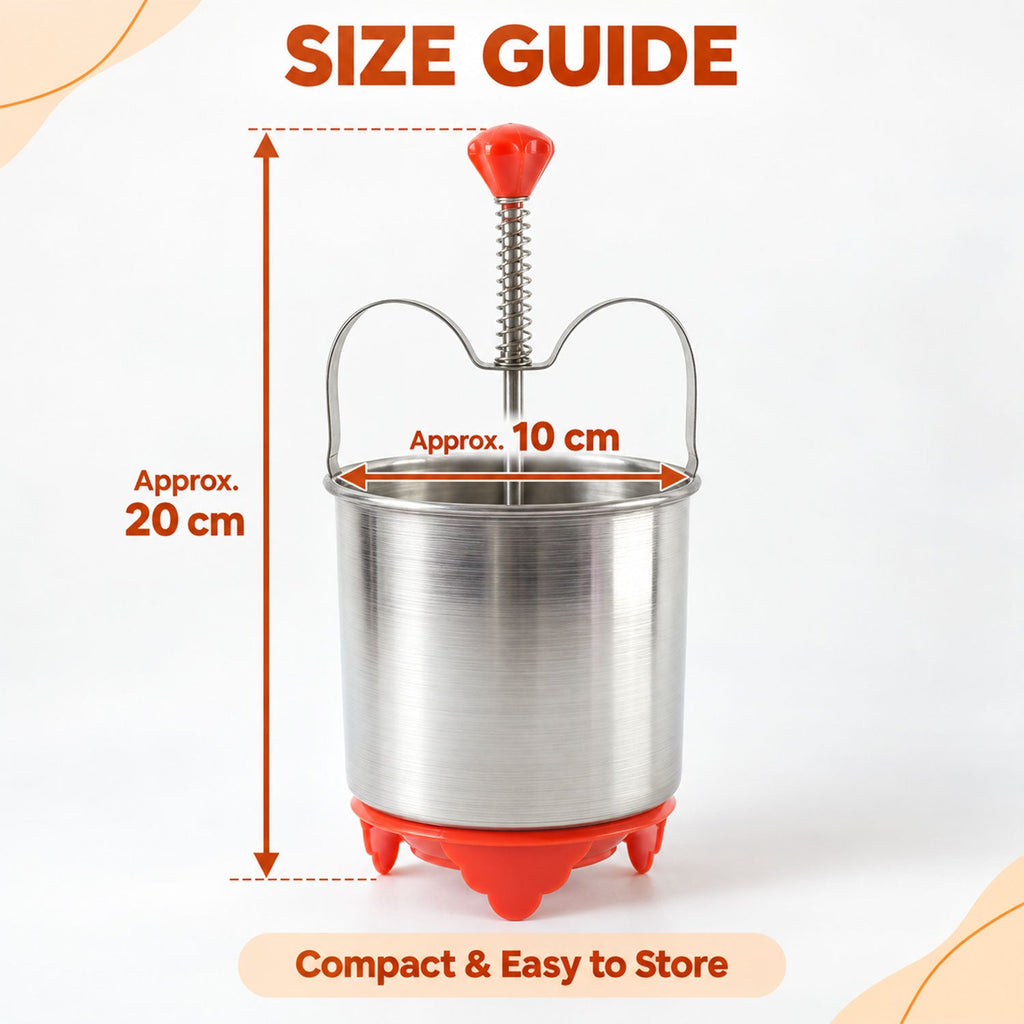 A stainless steel medu vada maker with a red handle and red base, showing approximate dimensions of 20 cm height and 10 cm