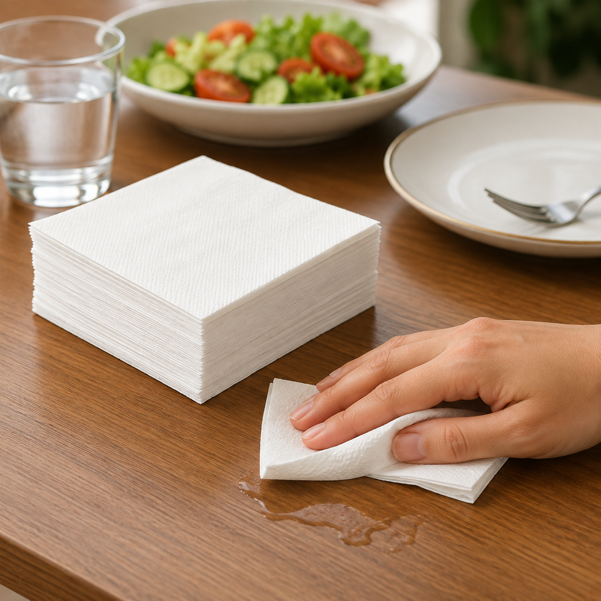 A hand dabs a water spill with a white paper napkin next to a stack of napkins and a salad.