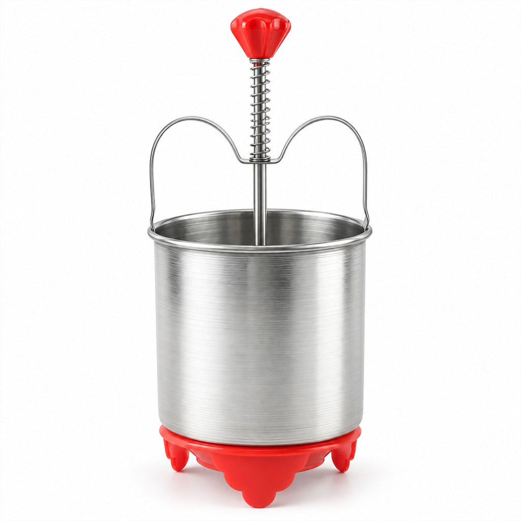A stainless steel medu vada maker with a red handle and red base is shown against a plain white background.