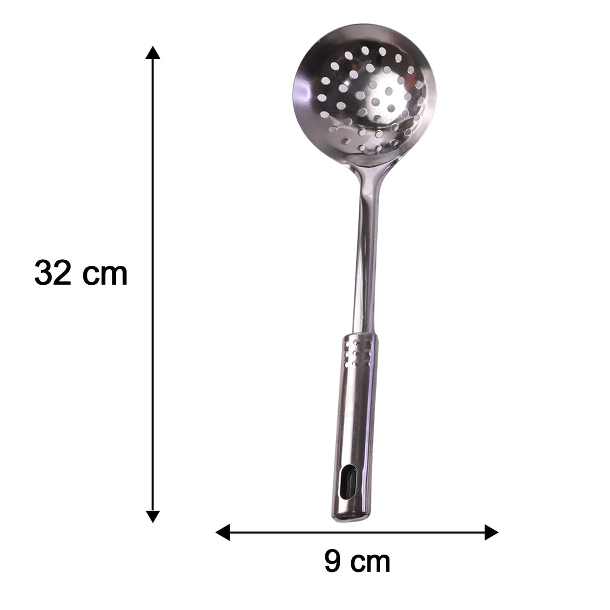 A stainless steel slotted spoon, two solid spoons, a ladle, and a knife with a wooden handle are neatly arranged on a wooden