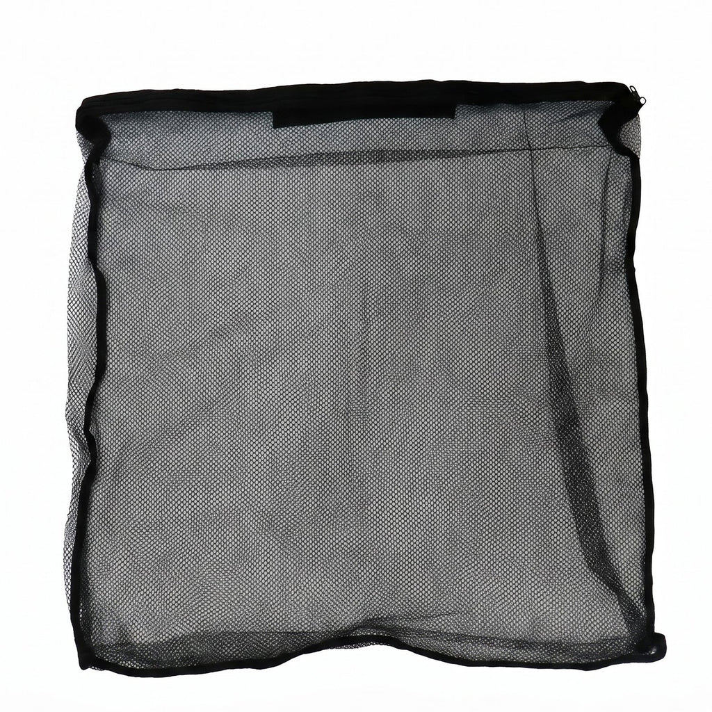 A flat black mesh zipper storage bag is displayed against a white background.