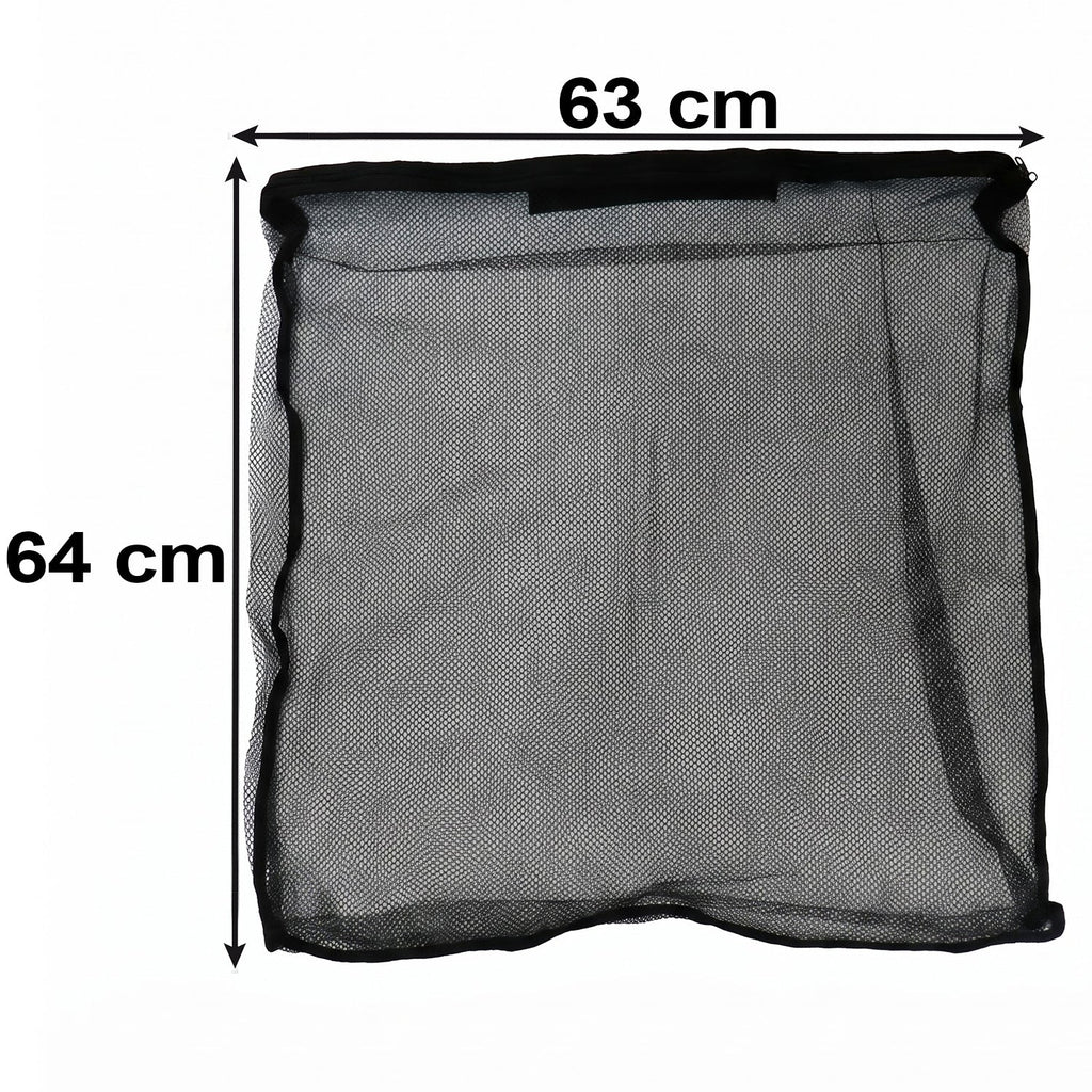 A flat black mesh zipper storage bag with dimensions of 63 cm width and 64 cm height shown against a white background.