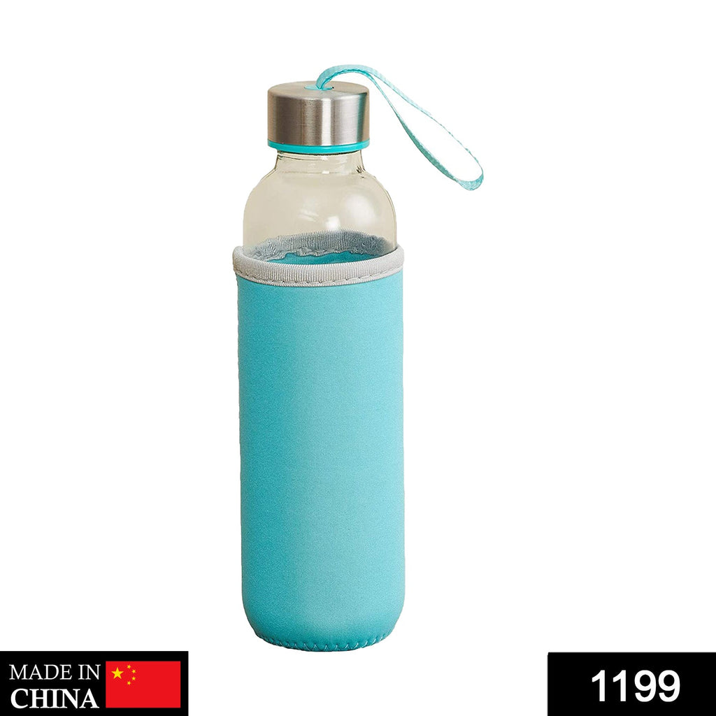 A clear glass bottle with a turquoise sleeve stands upright on a white background, with a price tag.