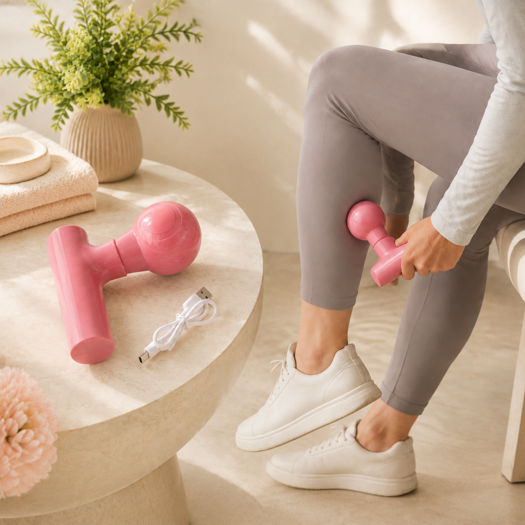 Front view of the black mini cordless body massager for full body pain relief.